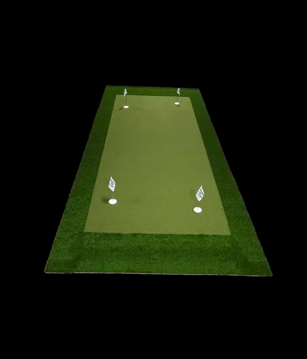 Green golf practice mat with white markers on a black background