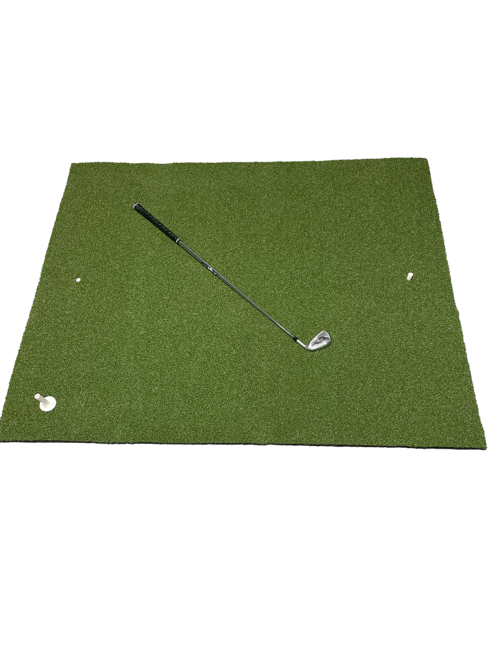 Green golf mat with a golf club on a white background