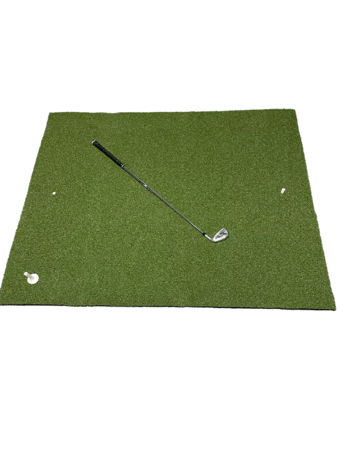 Green golf mat with a golf club on a white background