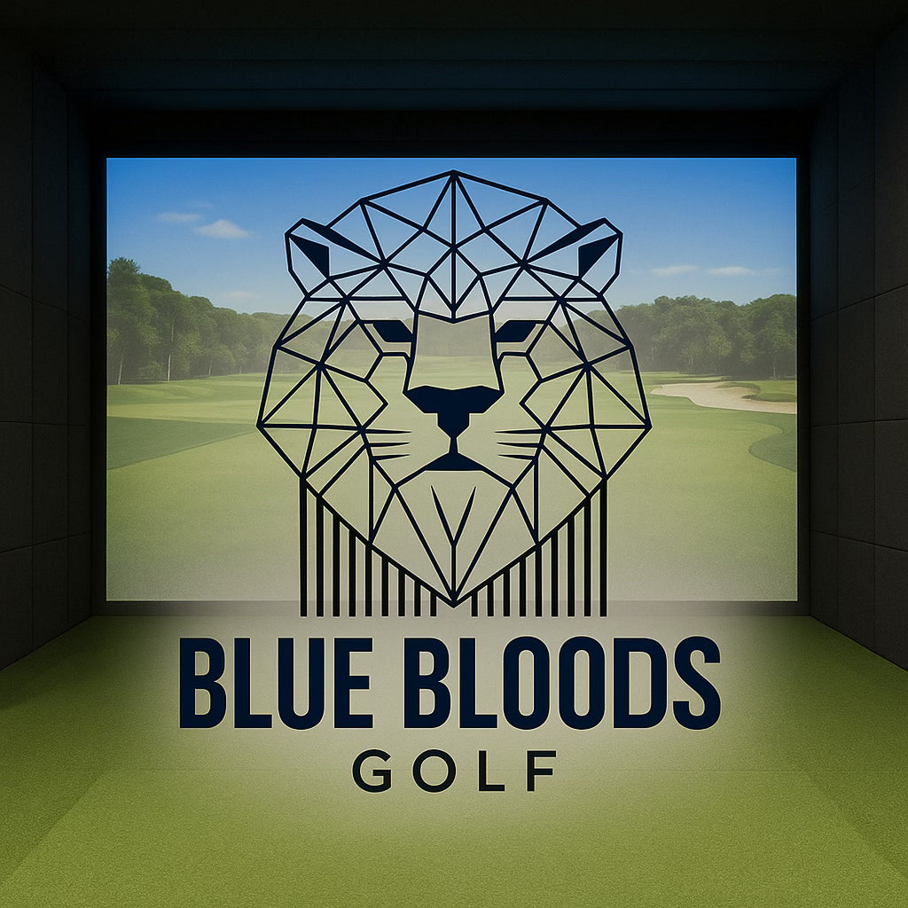 Geometric lion logo with 'Blue Bloods Golf' text on a golf course background