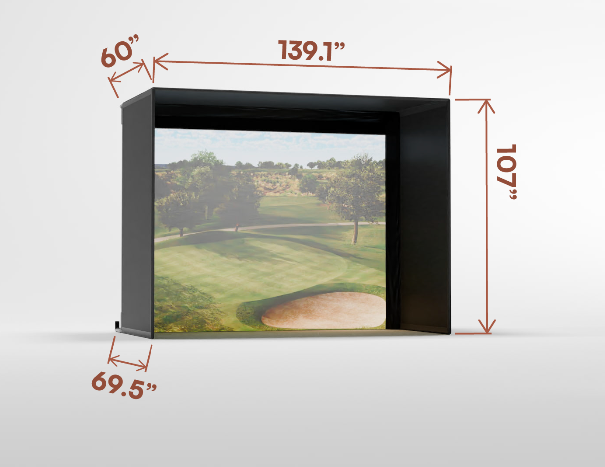 Golf simulator screen with dimensions displayed on a white background