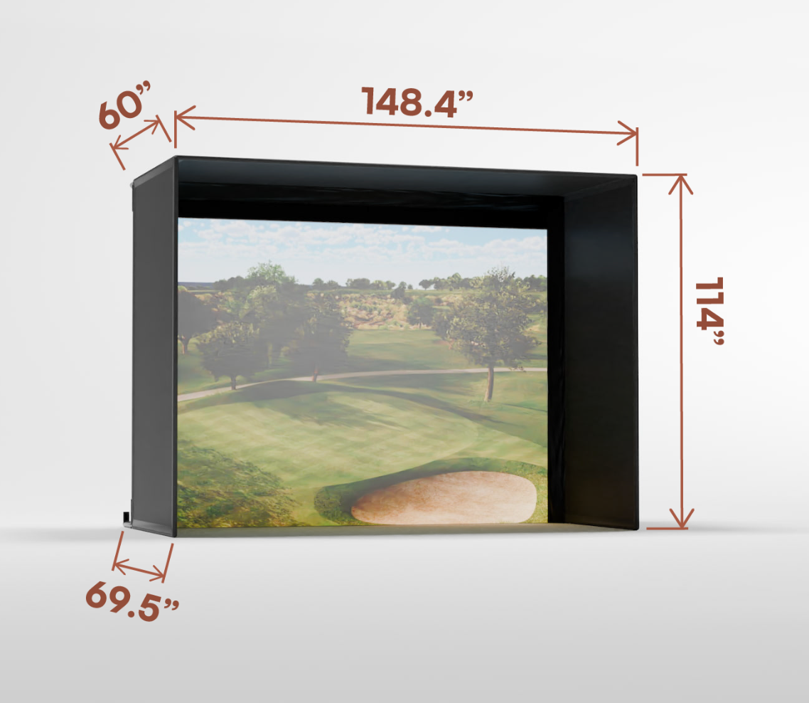 Golf simulator screen with dimensions labeled on a white background