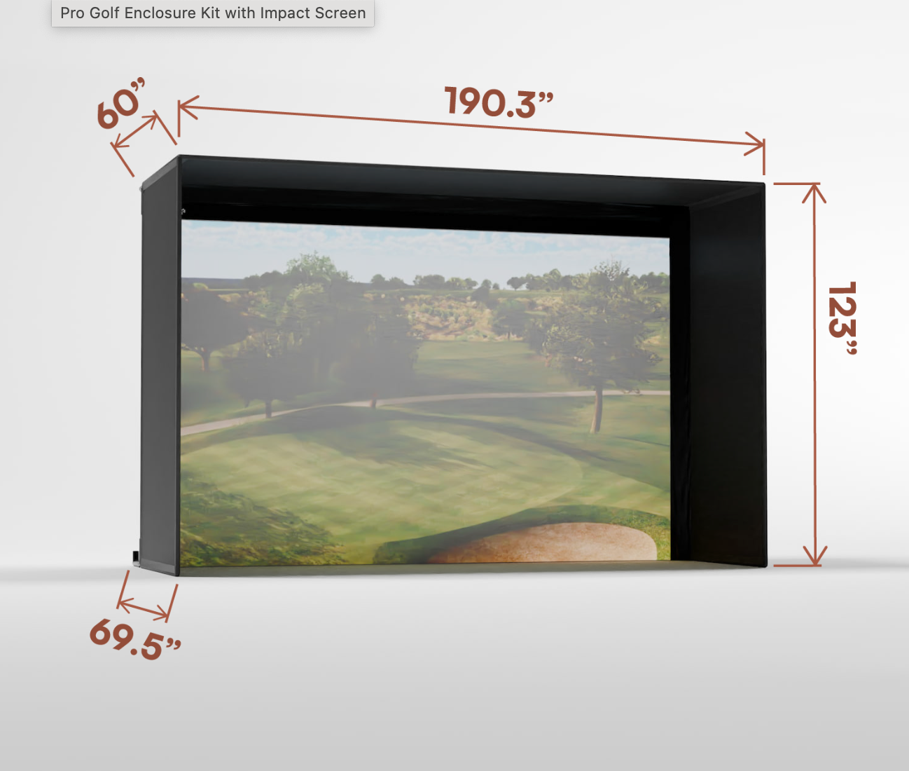 Golf enclosure kit with impact screen showing dimensions on a white background