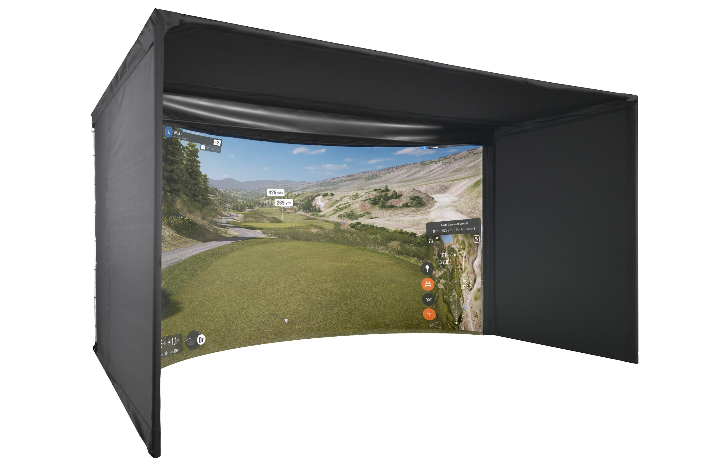 Golf simulator screen with a golf course display inside a black frame on a white background