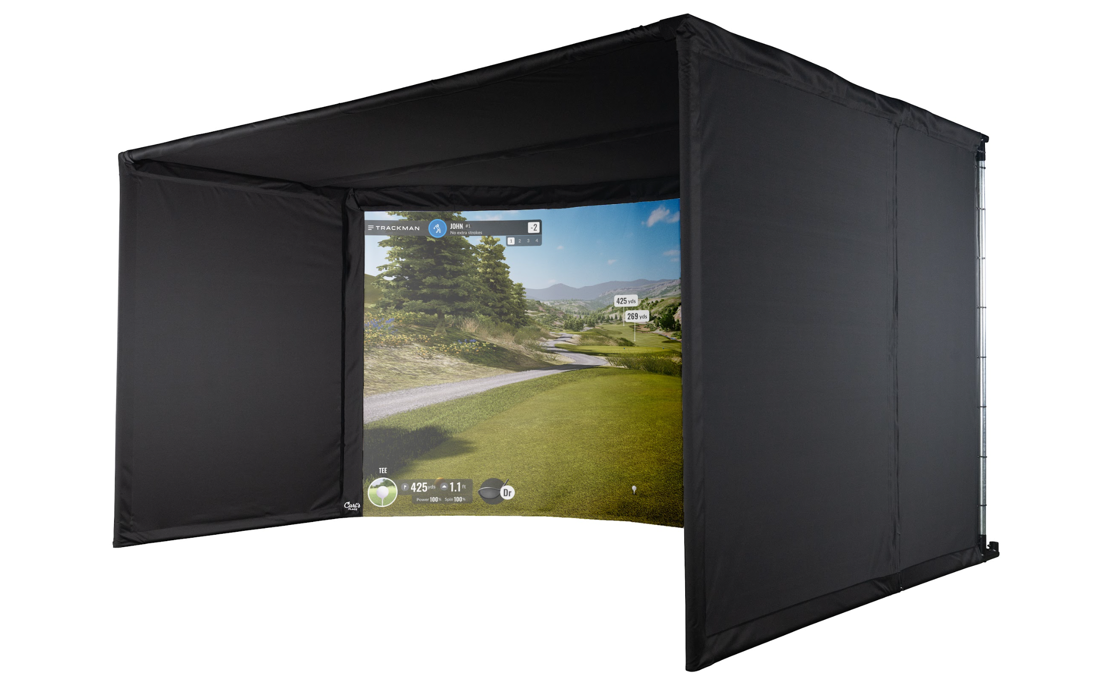 Black gaming screen with a scenic display on a white background