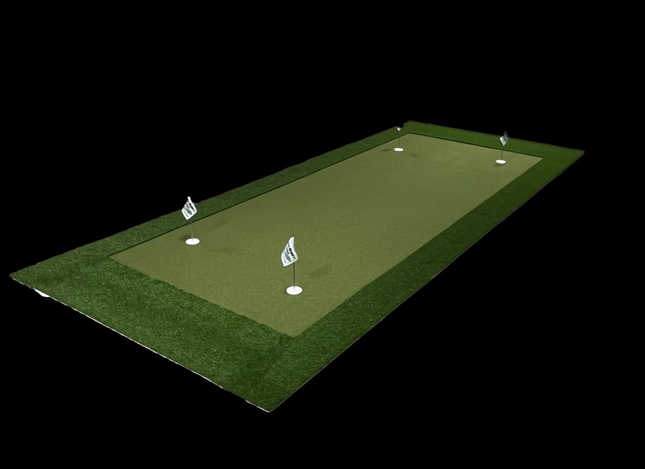Golf practice mat with golf balls and club on a black background