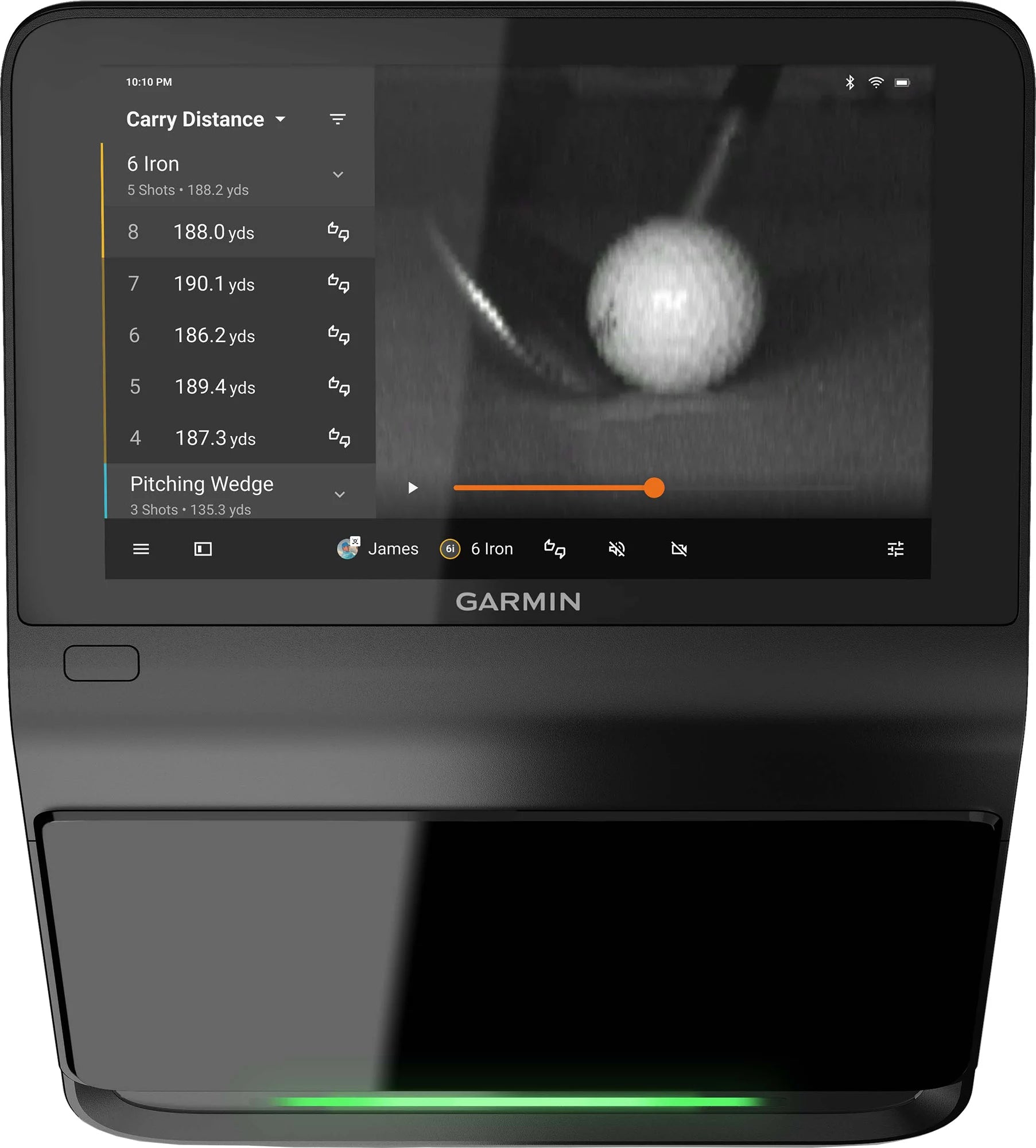 Garmin device displaying golf ball and distance information on a screen
