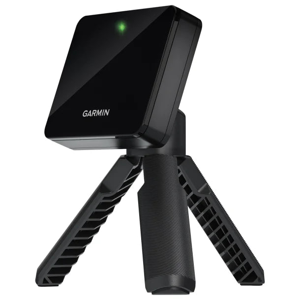 Garmin Approach R10 with a tripod stand on a white background