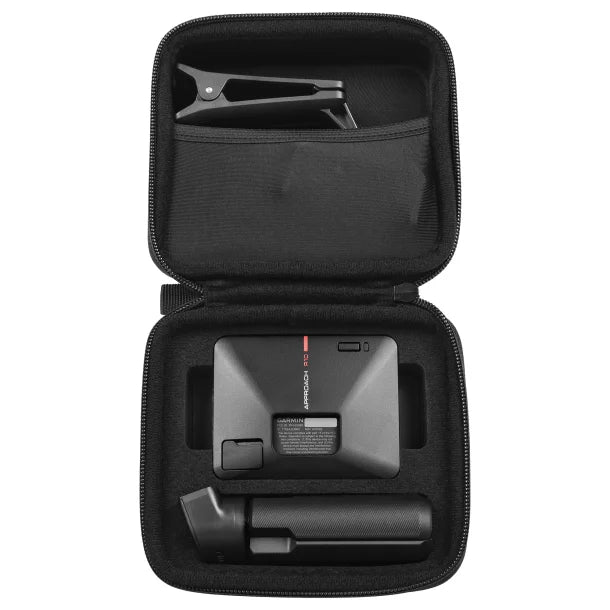 Garmin Approach R10  Black carrying case with electronic device and tools on a white background