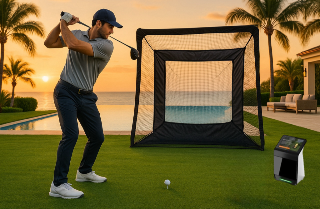 Man practicing golf swings in front of a golf net with a scenic background using Gamrin Approach R50