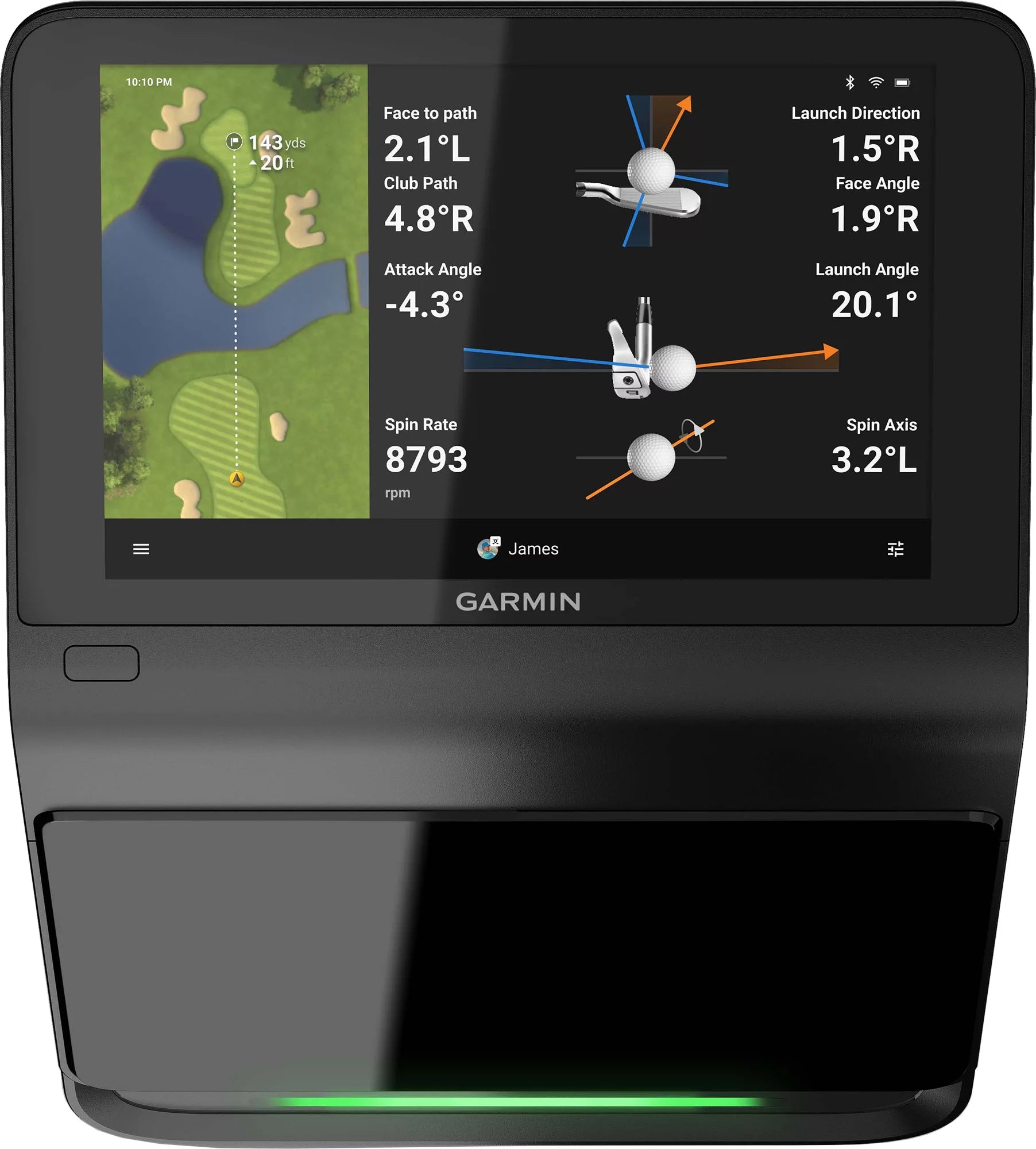 Garmin golf launch monitor displaying golf Analytics