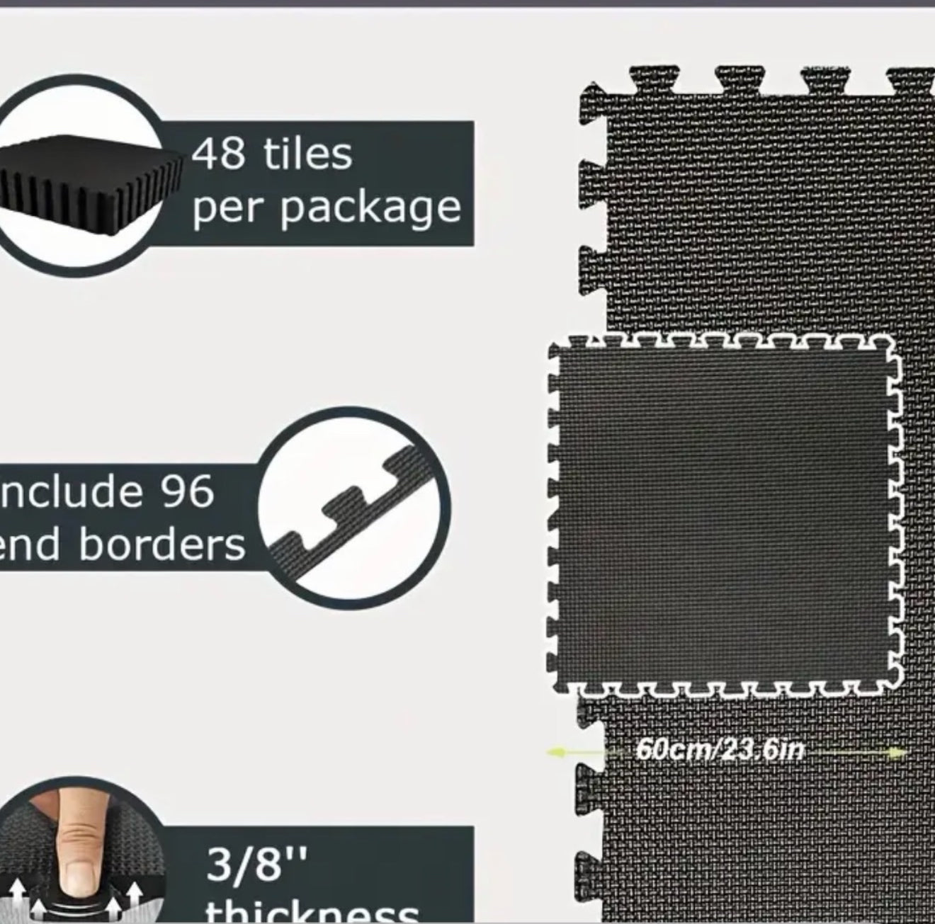 3/8" Thick 24" x 24" Rubber Floor Tiles – Pack of 48 for Golf Simulator Flooring