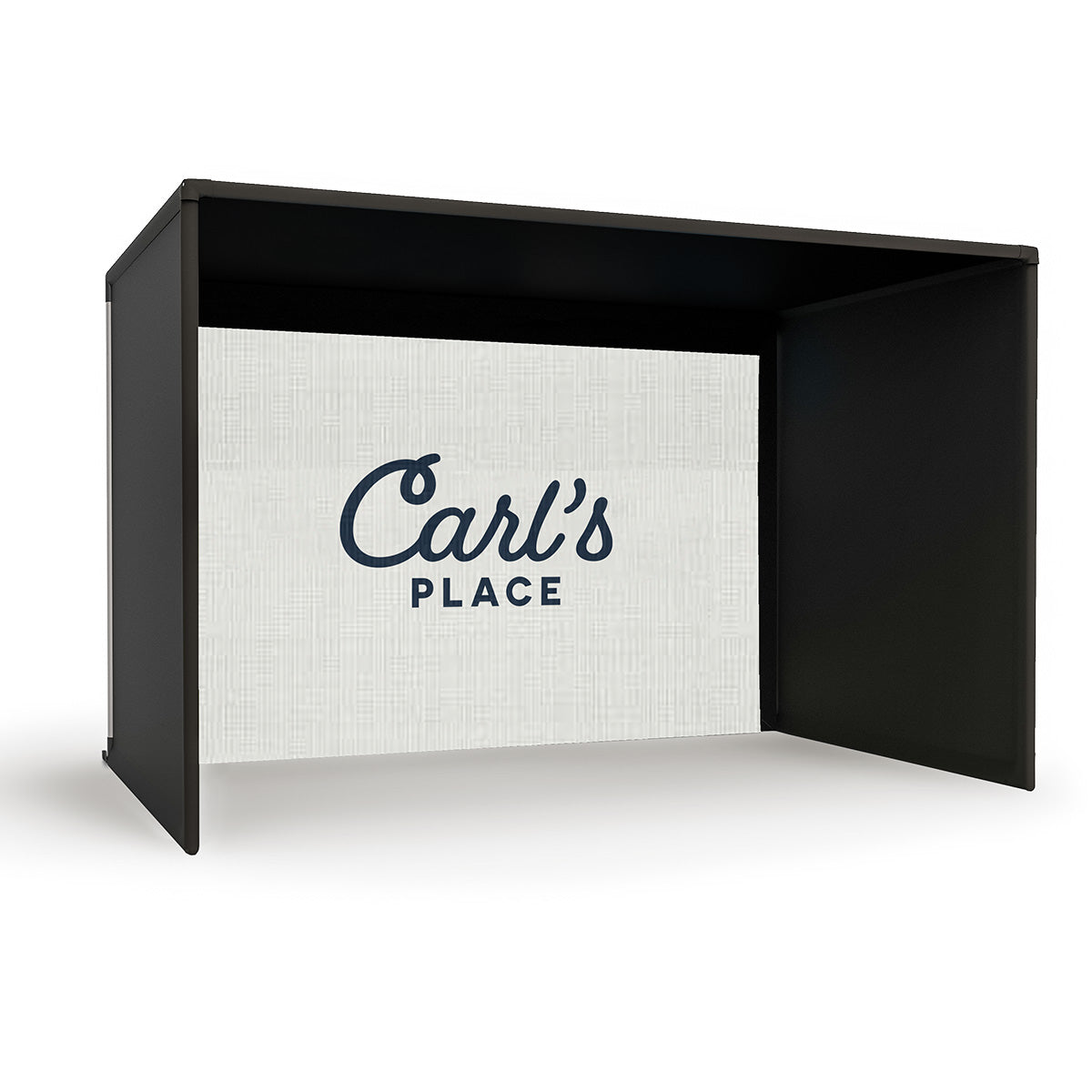 Black display stand with 'Carl's Place' branding on a white background