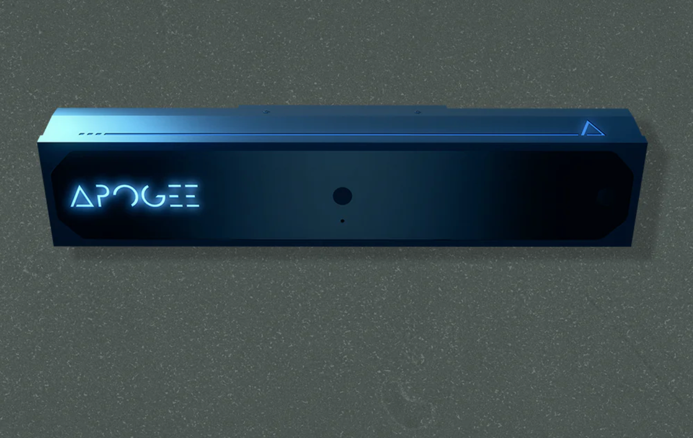 Blue electronic device with 'ApoGee' branding on a gray background