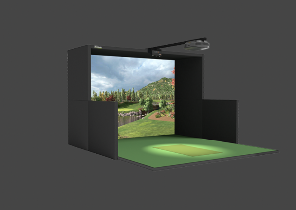 Golf simulator with screen displaying a golf course on a gray background