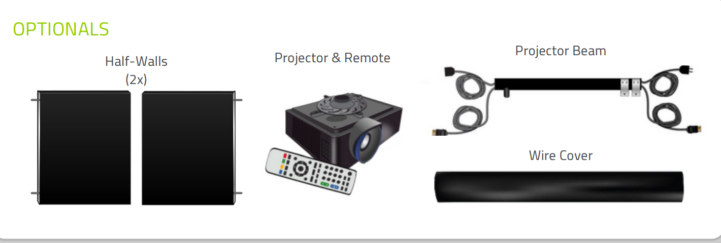 Set of projector accessories including half-walls, projector, remote, beam, and wire cover on a white background.