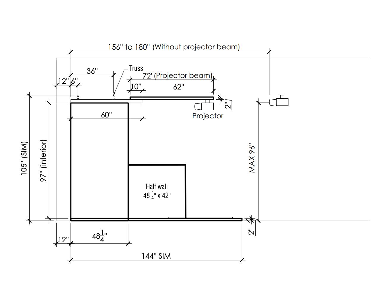 Technical drawing of a room layout with dimensions and furniture placement.