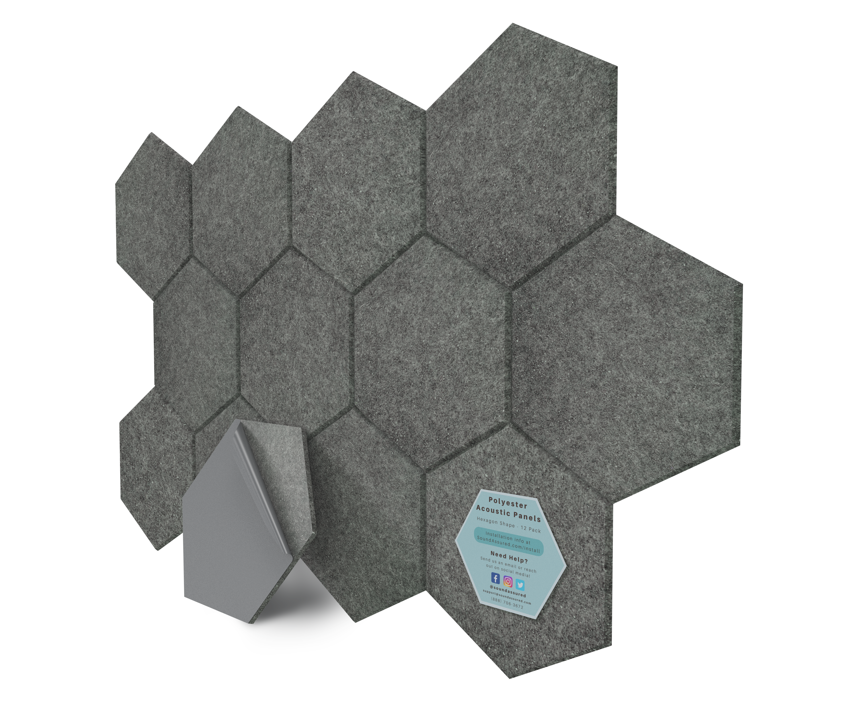 Hexagon Polyester Acoustic Panels - 12 Pack | Eco-Friendly Sound Absorption | Easy Peel & Stick Installation