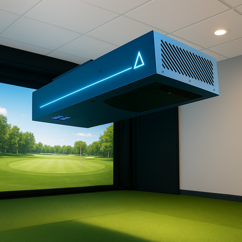 TruGolf Apogee Launch Monitor indoor golf simulator setup in home garage