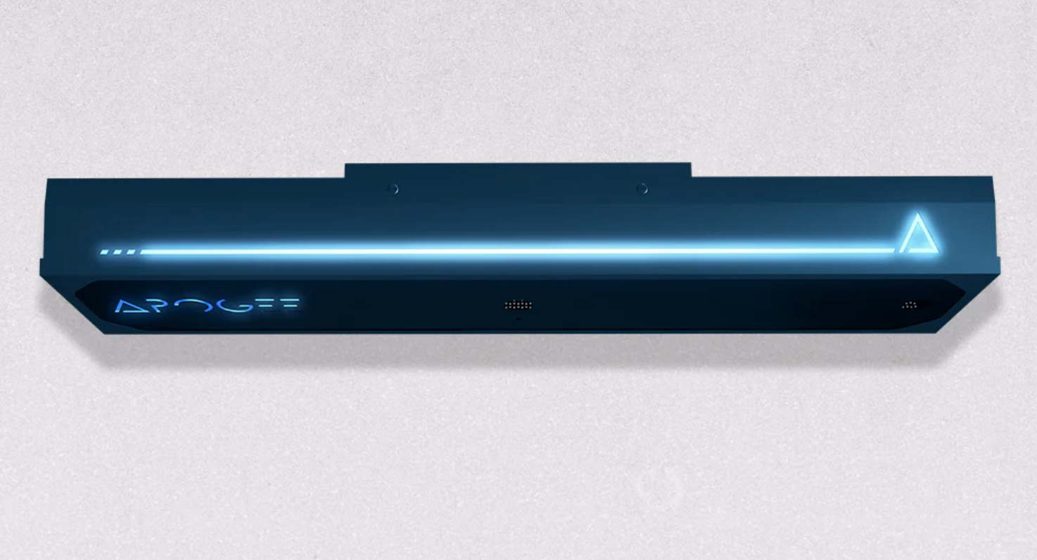 Blue electronic device with 'Apogee' branding on a light gray background