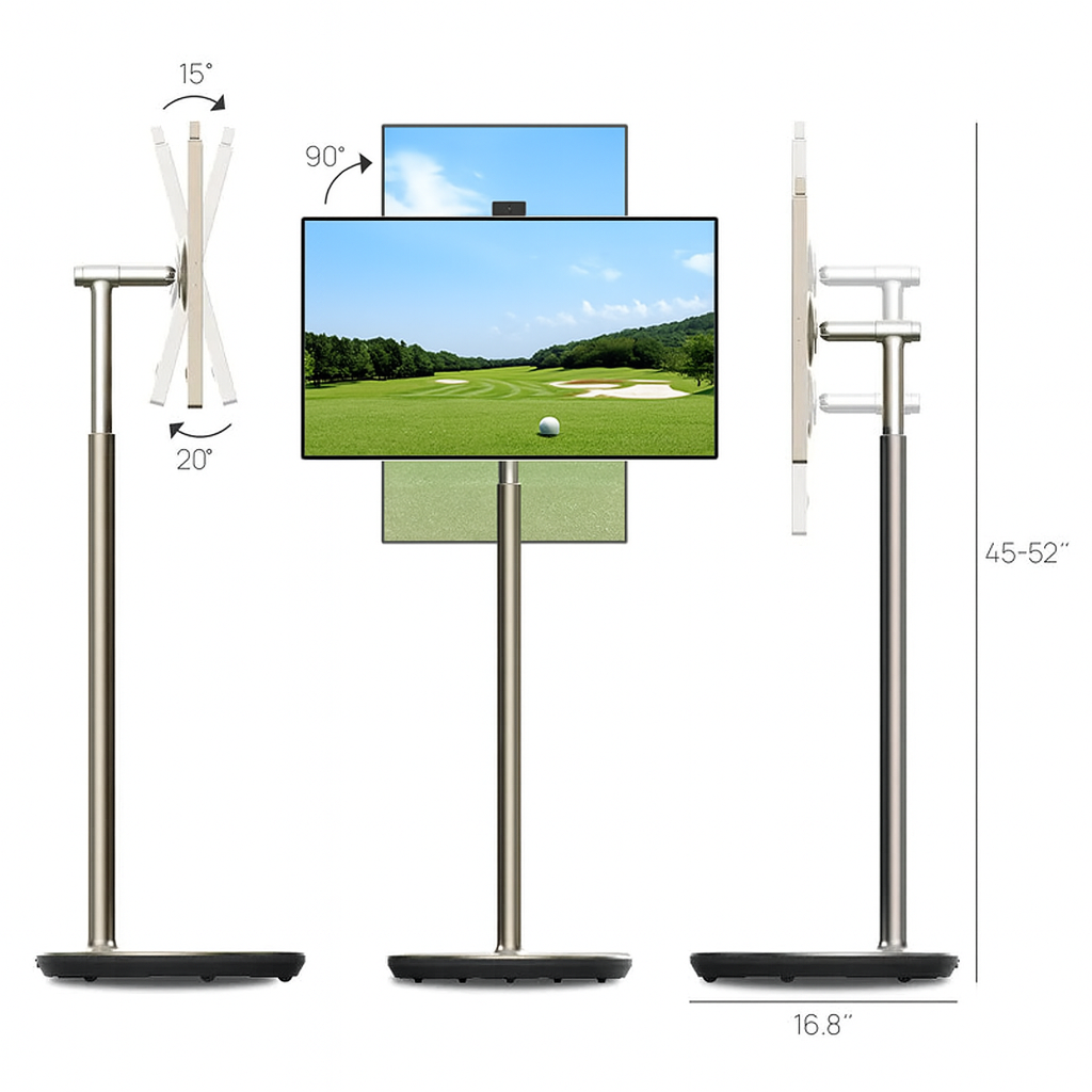 TV stand with adjustable angles and screen displaying a golf course.