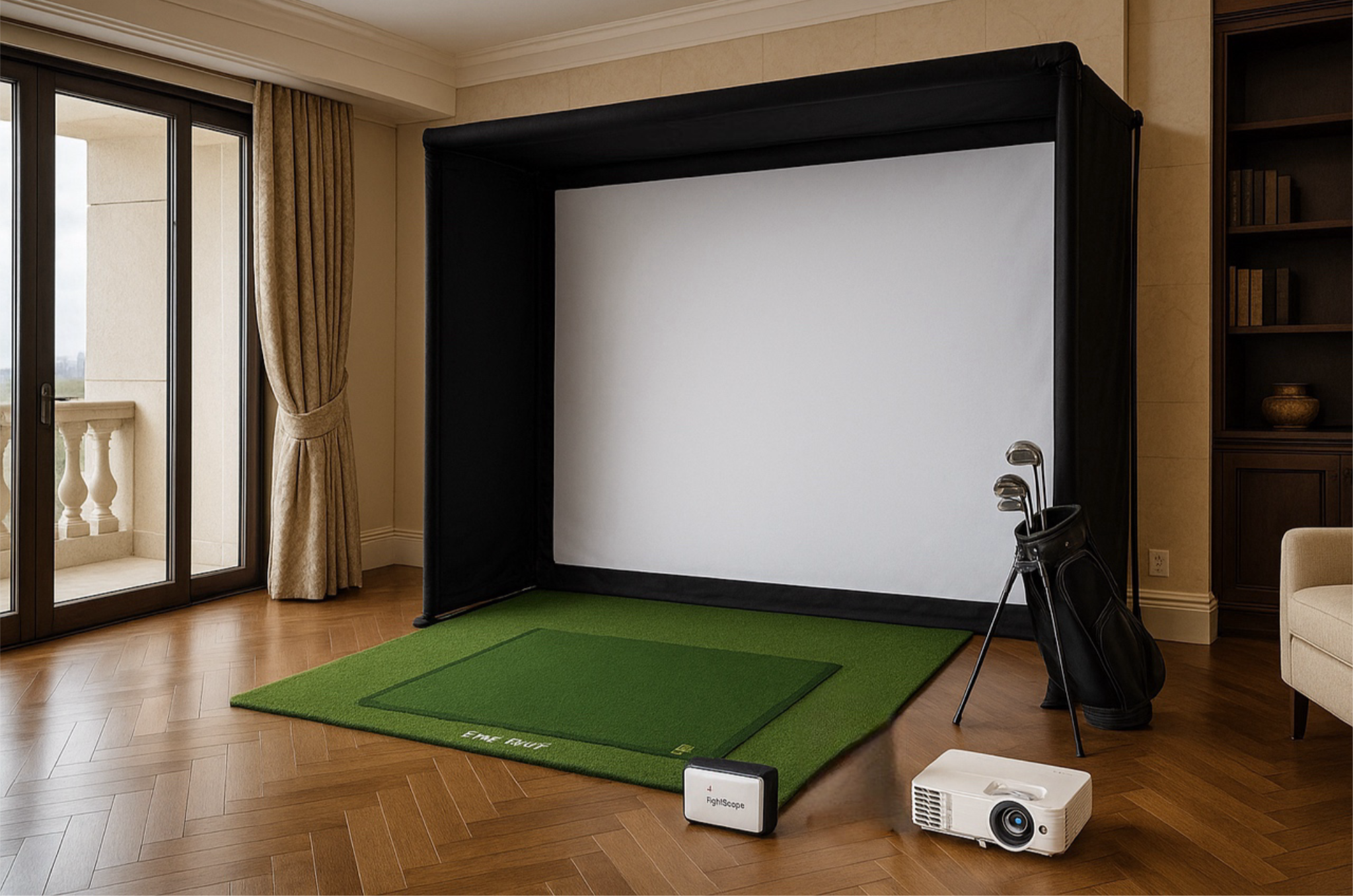 Home indoor golf simulator setup with projector and screen in a room.
