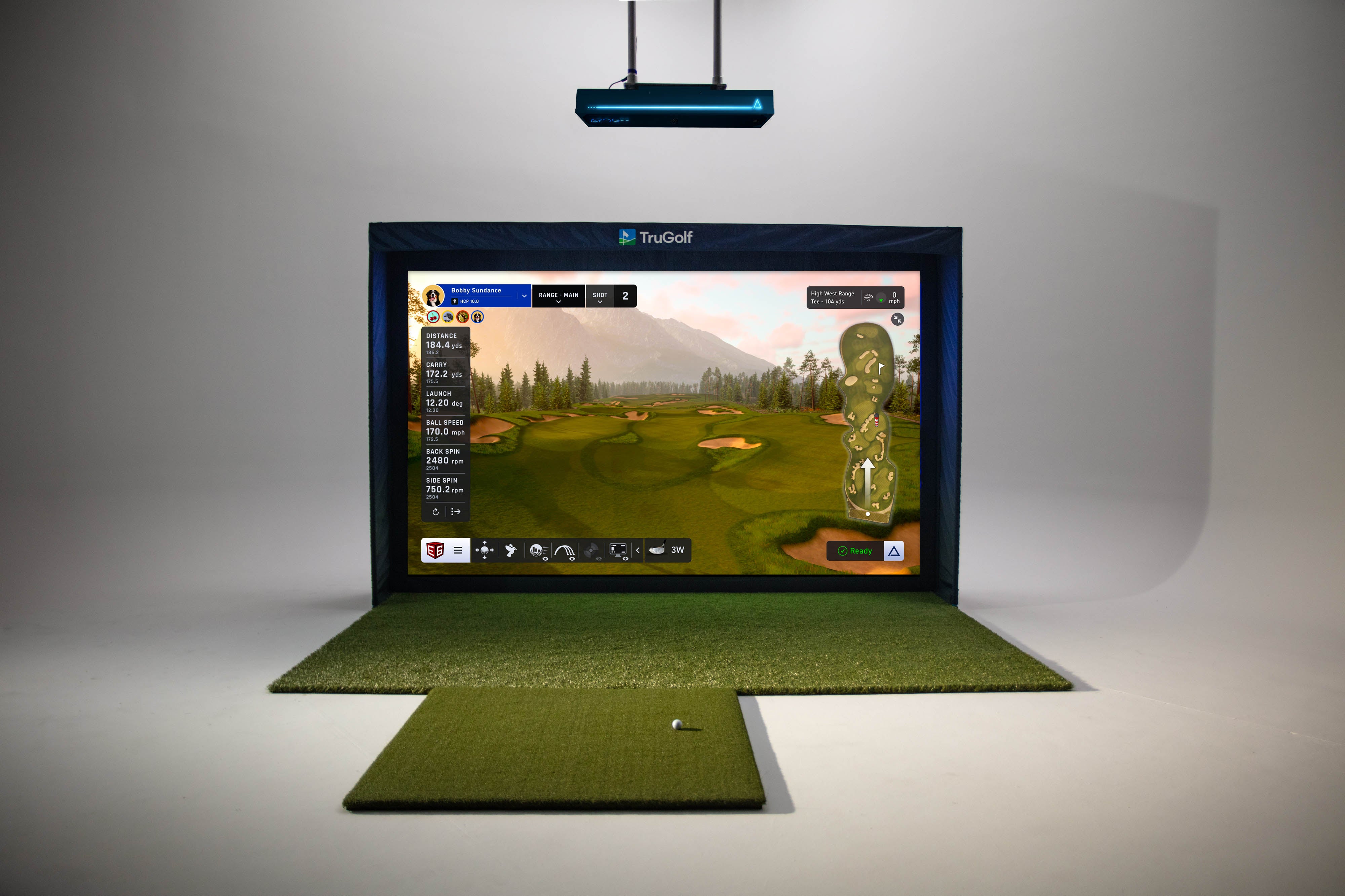 TruGolf MAX 4K indoor golf simulator setup in home garage